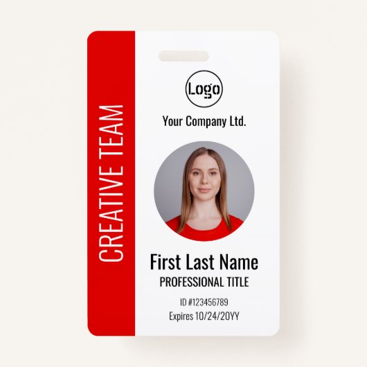 Badge Employé de l'entreprise rouge - Logo, Photo, Code- (Devant)