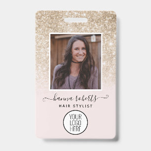 Badge Employé ou Coiffeur Rose Pâle et Paillettes 