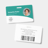 Badge Employé personnalisé sarcelle - Photo, logo, code- (Avant & arrière)