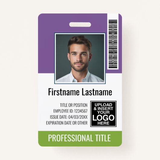 Badge Employé - Photo, Code barre, Nom du logo Purple Gr (Devant)
