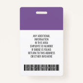 Badge Employé - Photo, Code barre, Nom du logo Purple Gr (Dos)
