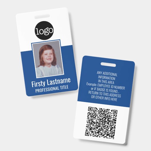 Badge employé - Photo, Code QR, Logo, Nom Badge Bl (Avant & arrière)