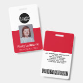Badge Employé Rouge - Photo, Code-barres, Logo, Nom ID (Avant & arrière)