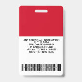 Badge Employé Rouge - Photo, Code-barres, Logo, Nom ID (Arrière)