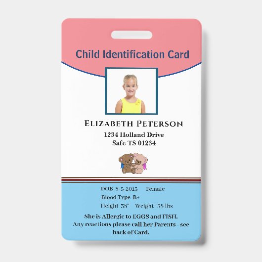Badge Enfant Garçon Fille ID Identification Personnalise (Avant)