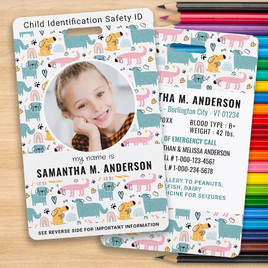 Badge Enfants ID Urgence Chiots Mignons Identification E