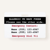 Badge Étiquette d'alerte aux allergies alimentaires mult (Dos)