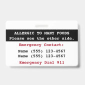 Badge Étiquette d'alerte d'allergie alimentaire multiple (Arrière)