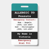 Badge Étiquette Turquoise Alerte d'allergie aux aliments (Arrière)