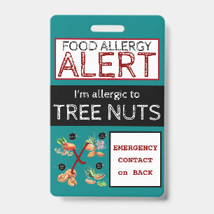 Badge Étiquette turquoise Tree Nut Food Allergy Alert