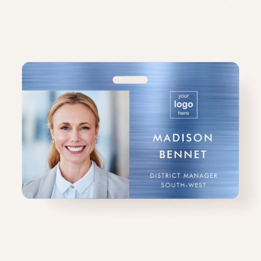 Badge Faux Blue Metallic moderne ID photo d'entreprise (Devant)