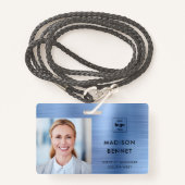 Badge Faux Blue Metallic moderne ID photo d'entreprise (Devant avec lanière)