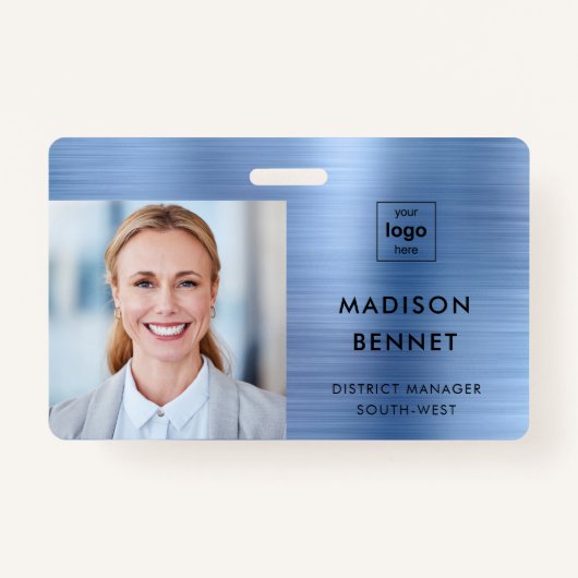 Badge Faux Blue Metallic moderne ID photo d'entreprise (Devant)