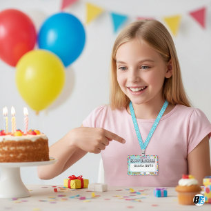 Badge Fête d'anniversaire joyeuse pour enfants - Nom et 