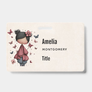 Badge Fille avec baguette magique et papillons Mignonne