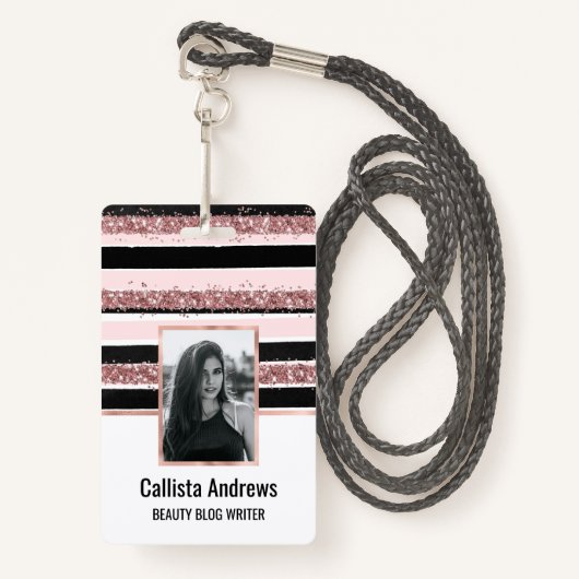 Badge Fille Rose or rose noir Parties scintillant rayure (Devant avec lanière)