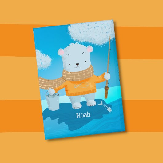 Badge Fishing Polar Bear Kid Pin Button with Name