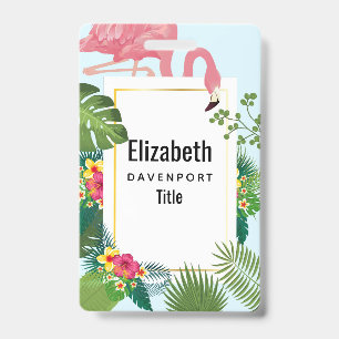 Badge Flamant rose rose élégant et Feuilles tropicaux