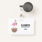 Badge Flamant rose rose en Santa Hat avec Sucre de canne (Front with Retractable)