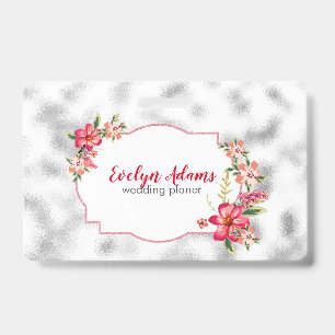 Badge Fleurs roses et verre flou argenté