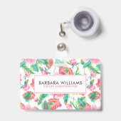 Badge Fleurs roses Filles Motif de feuilles vertes (Front with Retractable)