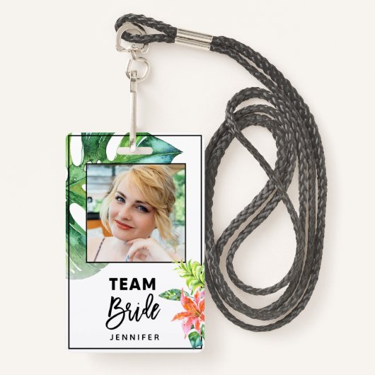 Badge Fun Floral Tropical Team Bride Bachelorette Party (Devant avec lanière)