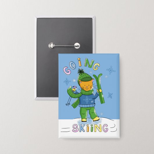 Badge Ginger Cat Going Skiing Blue Rectangular Button (Recto/Verso)