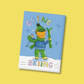 Badge Ginger Cat Going Skiing Blue Rectangular Button