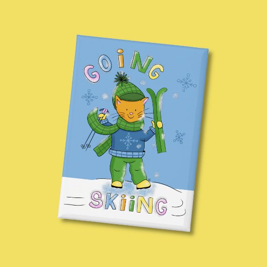 Badge Ginger Cat Going Skiing Blue Rectangular Button