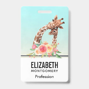Badge Girafe Mignonne Aquarelle Mère & Bébé