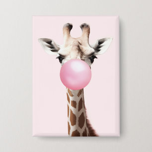 Badge Giraffe soufflant de bulle rose gomme Whimsical Ar