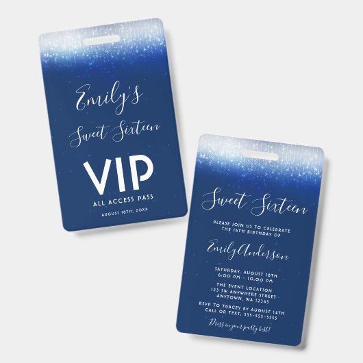 Badge Glam Navy Blue Sweet 16 Invitation VIP Pass (Recto et verso)