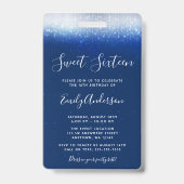 Badge Glam Navy Blue Sweet 16 Invitation VIP Pass (Dos)