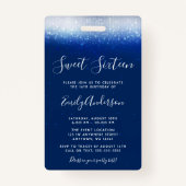 Badge Glam Navy Blue Sweet 16 Invitation VIP Pass (Dos)