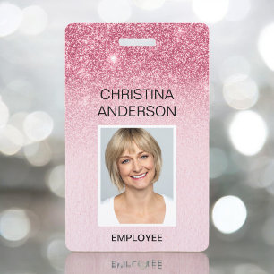 Badge Glam Pink Parties scintillant Employé - Nom Photo 