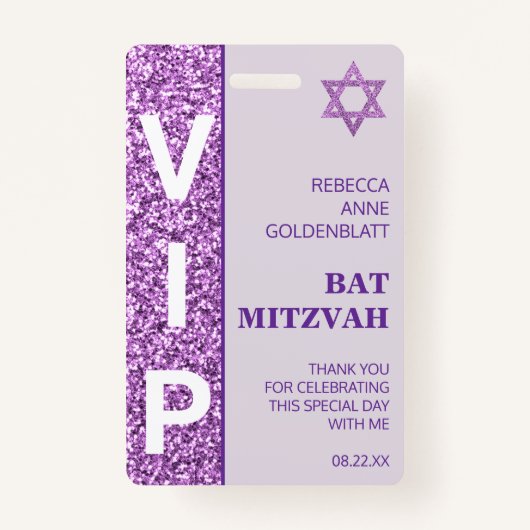 Badge Glam Purple Unique VIP Bat mitzvah Party Favoriser (Devant)