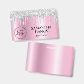 Badge Gouttes de paillettes argentées Rose scintillant (Avant & arrière)