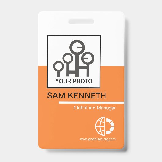 Badge Gras Blanc Orange Blocks Société Employé Photo (Front)