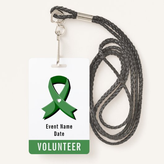 Badge Green Awareness Ribbon White Heart Event (Devant avec lanière)