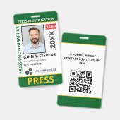 Badge Green Yellow Photo & Logo Press ID QR Code (Avant & arrière)
