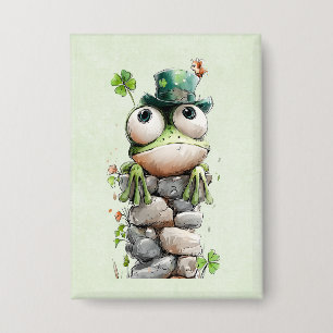 Badge Grenouille avec chapeau vert et trèfle mignonne