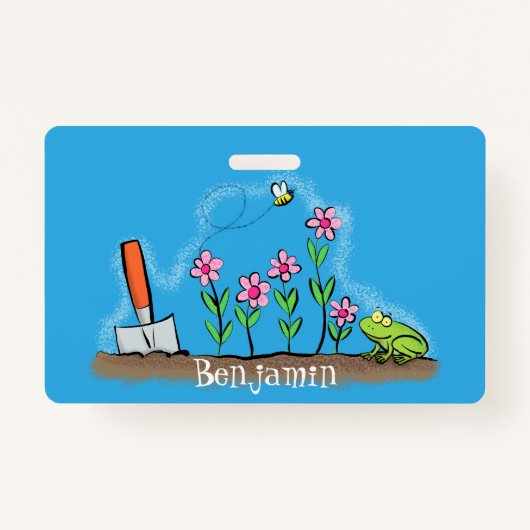 Badge Grenouille mignonne et abeille dans le jardin dess (Devant)