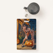 Badge Halloween Monster Jack-o-Lantern & Bat Vixen Girl (Front with Retractable)