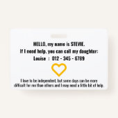 Badge hi j'ai une déficience cachée carte d'identité méd (Dos)