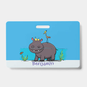 Badge Hippopotame drôle mignon avec dessin animé d'oisea
