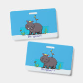 Badge Hippopotame drôle mignon avec dessin animé d'oisea (Avant & arrière)