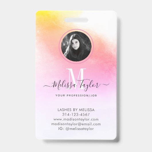 Badge Holographie Rose et Or Photo Script Monogrammé (Avant)