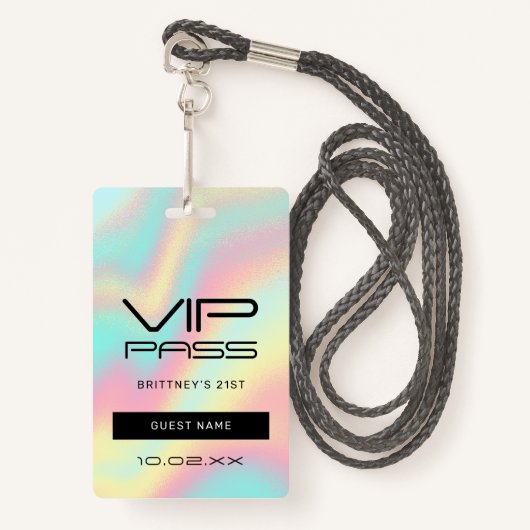 Badge Holographique Pastel Glam 21e Invitation VIP (Devant avec lanière)