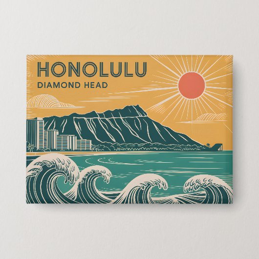 Badge Honolulu Oahu Diamond Head Retro Style Mi-Siècle (Recto)