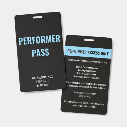Badge ID de concert d'accès pour artiste interprète pers (Avant & arrière)